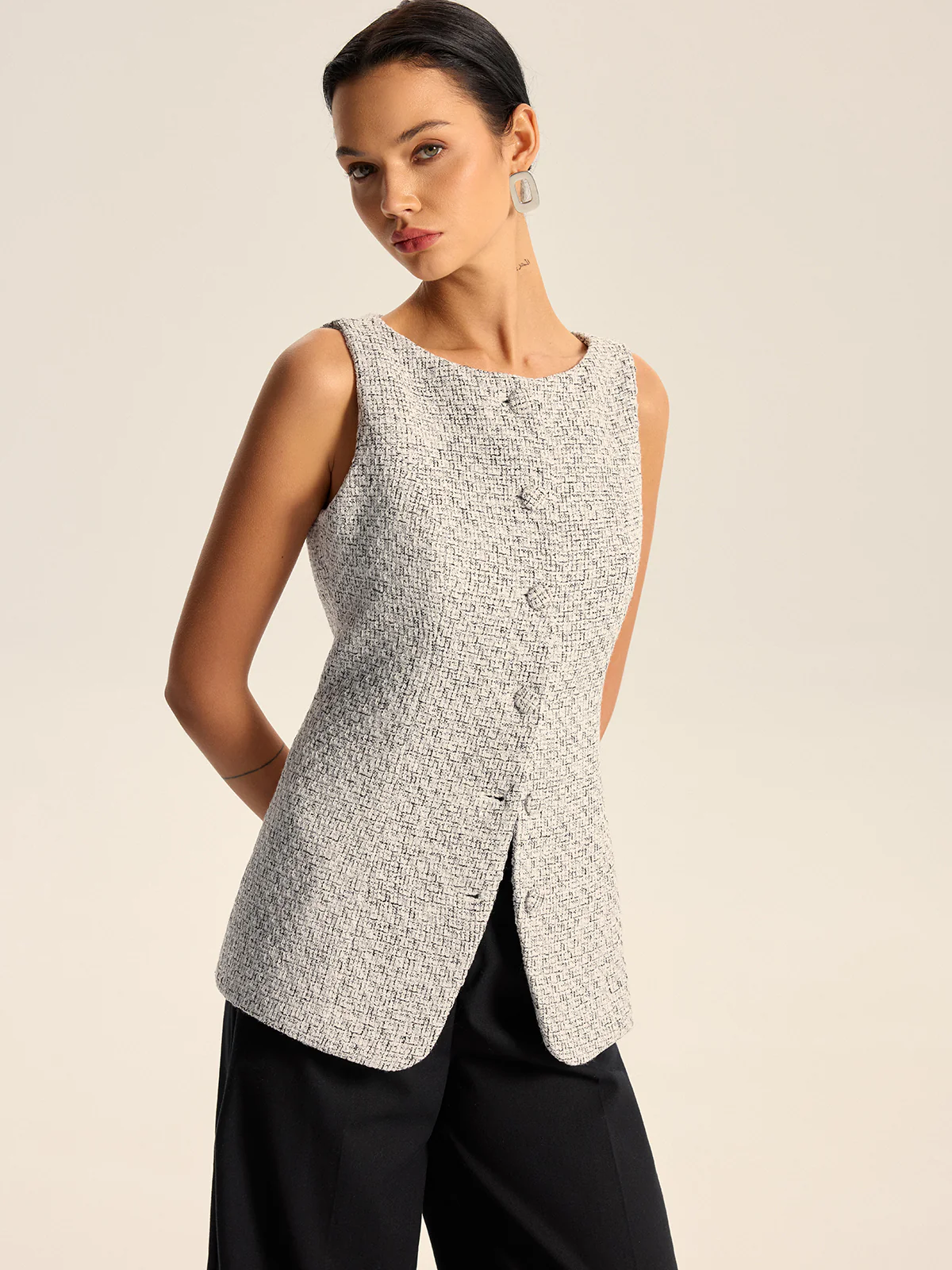 Textured Tweed Button Vest - Image 2