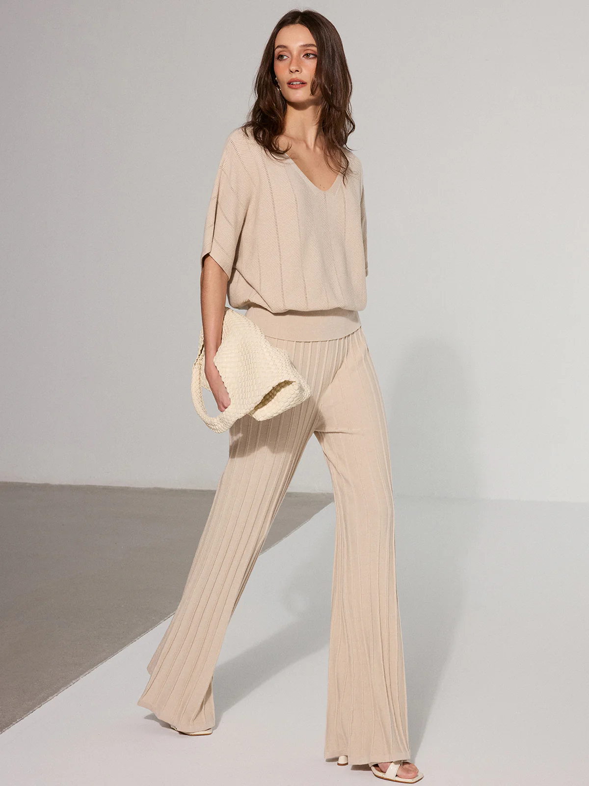 Textured Wool Blend Mid-Waist Flared Pants - Image 2