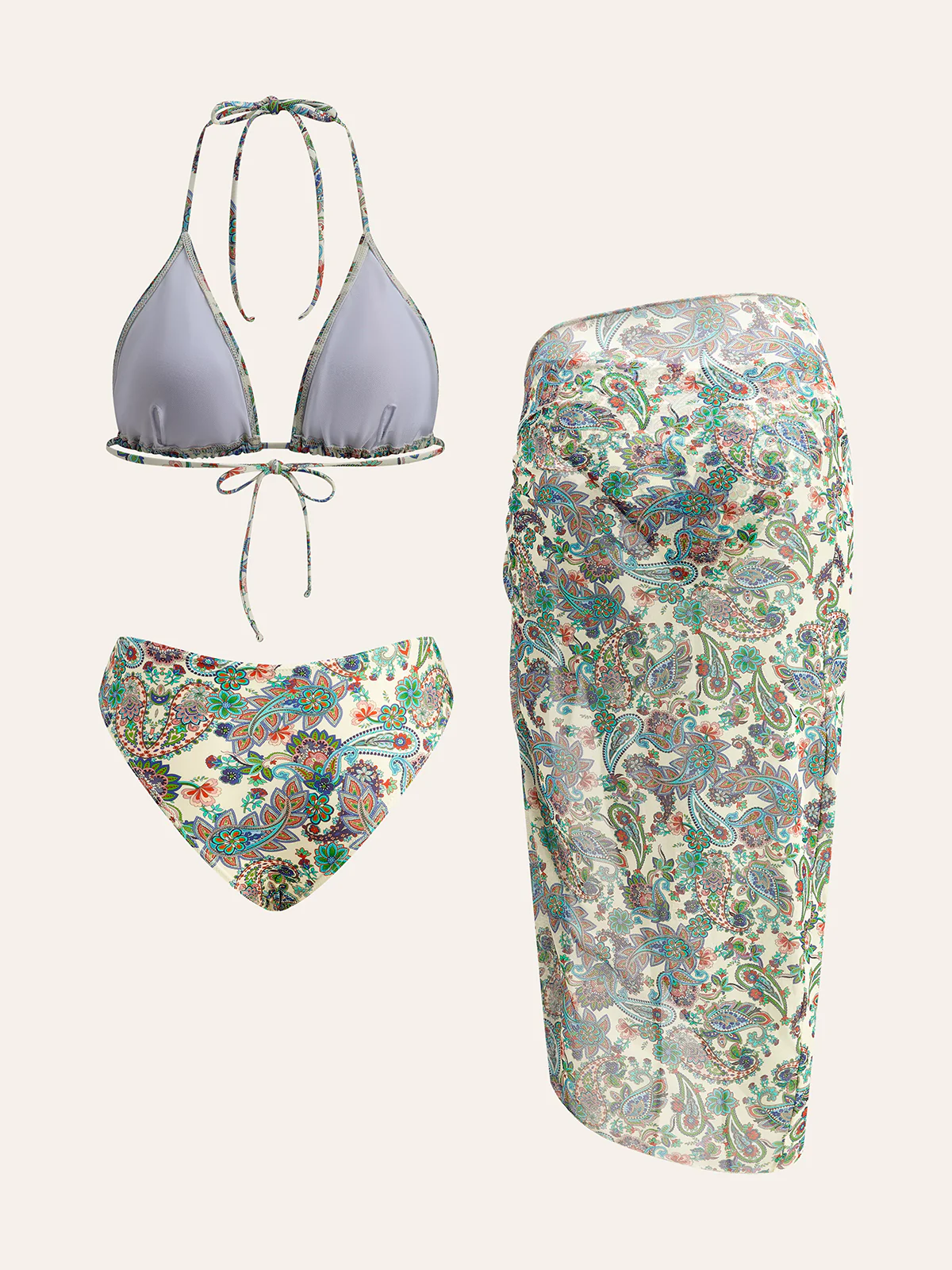 Tie-Back Bikini Set with Paisley Print Cover-Up - Image 2