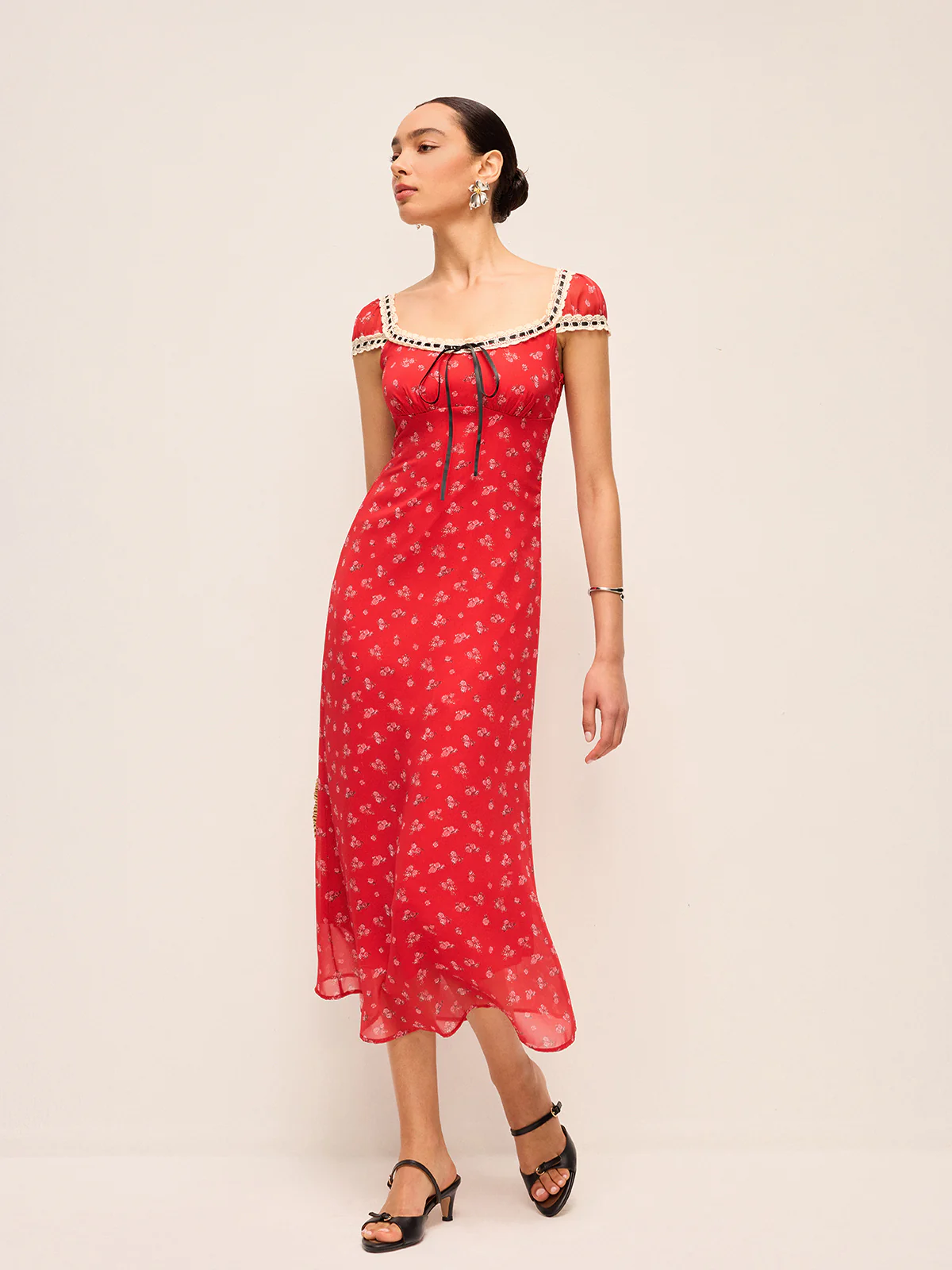 Floral Print Midi Dress with Lace Trim - Image 2