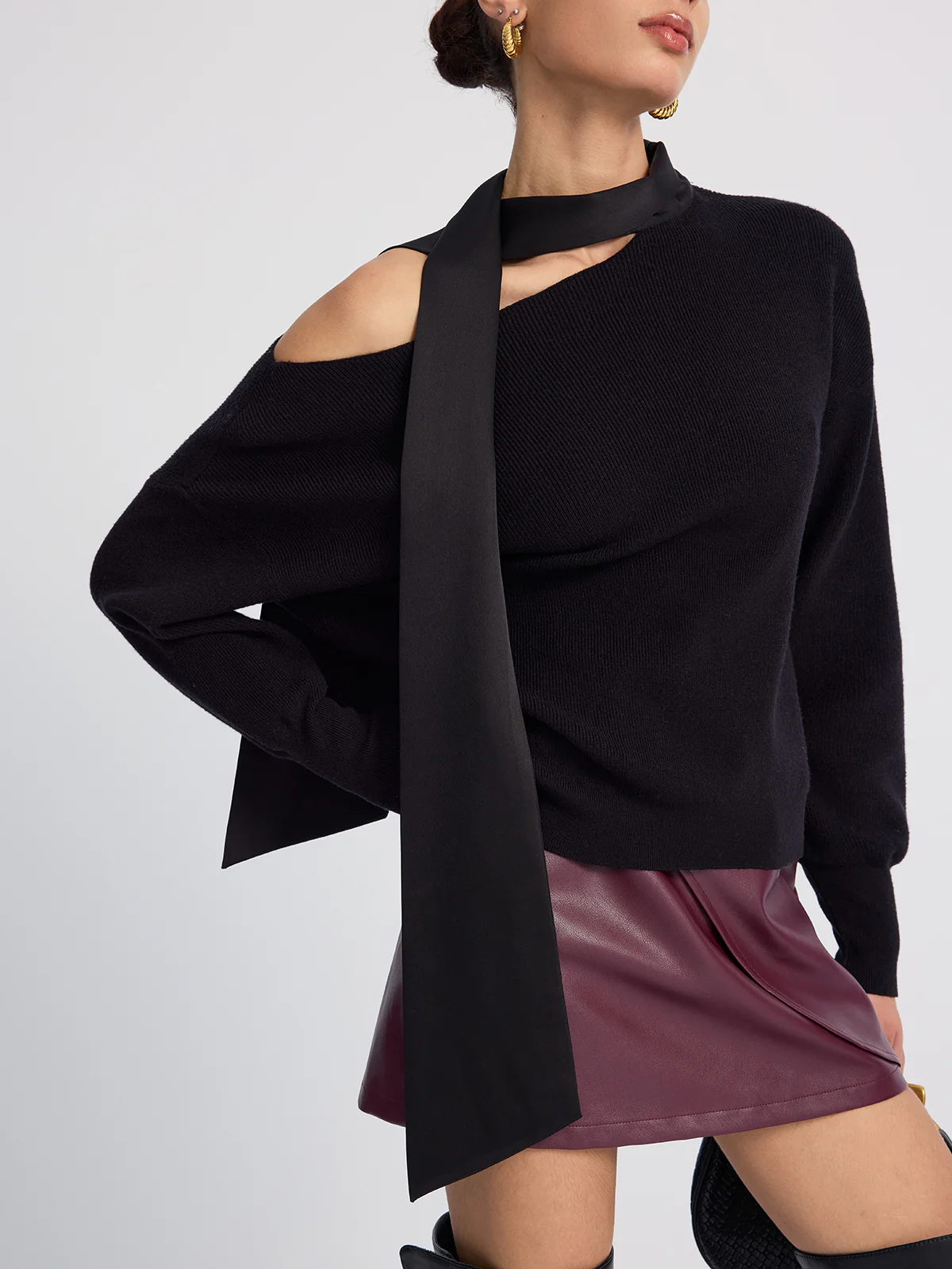 Tie-Detail Cold-Shoulder Knit Sweater - Image 2