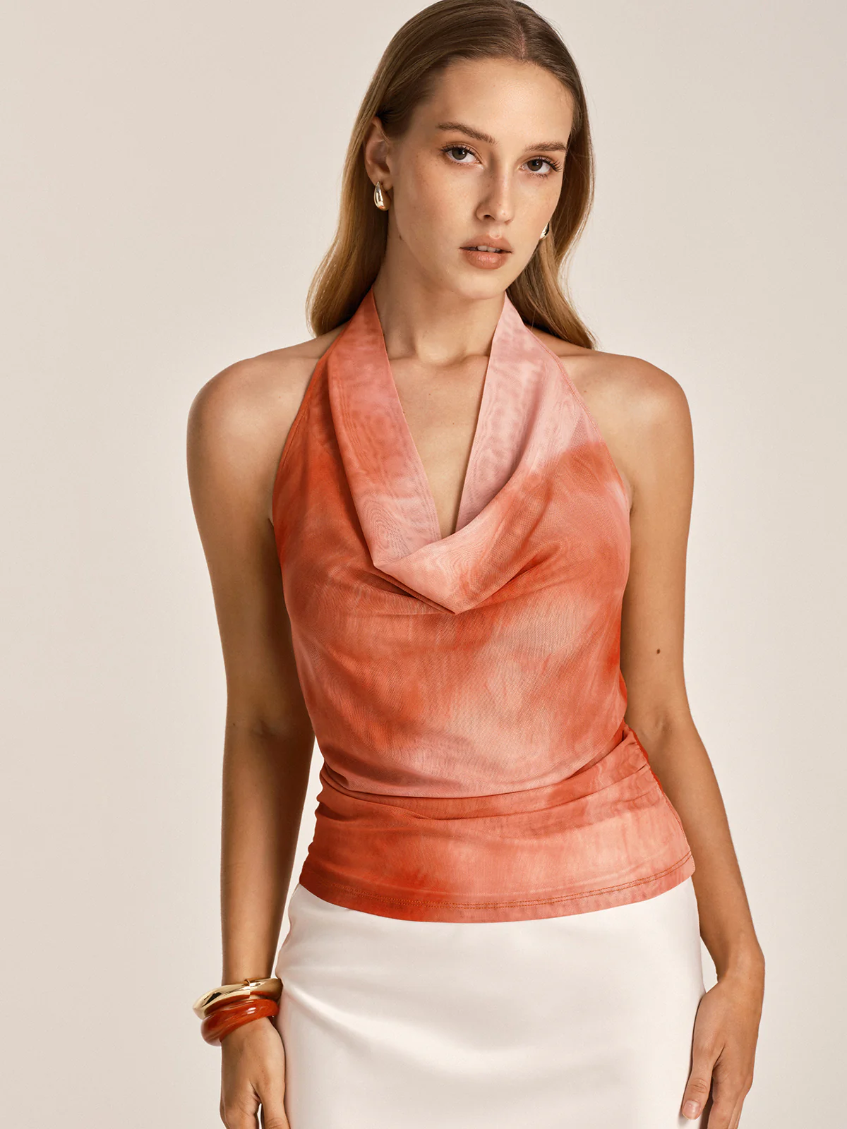 Tie Dye Cowl Neck Halter Mesh Top - Image 2