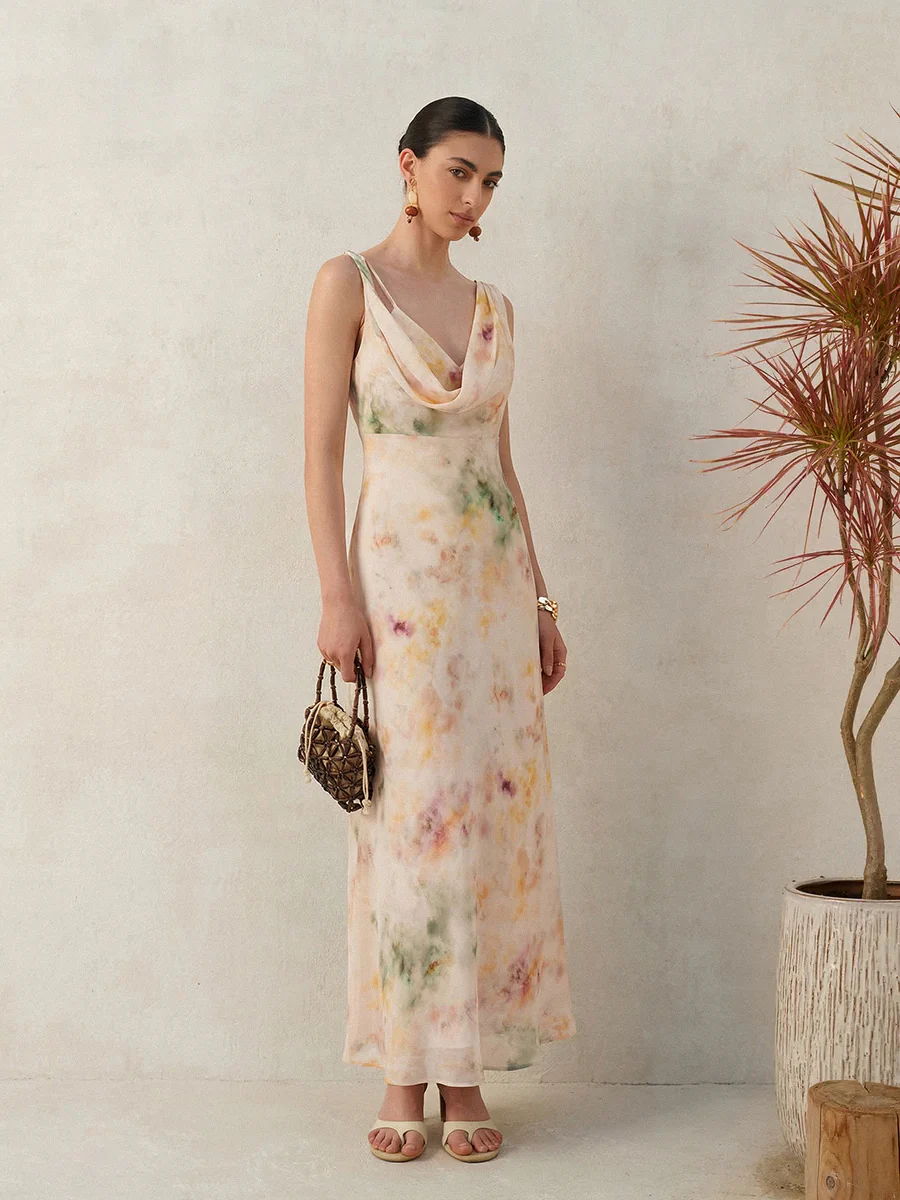 Tie Dye Cowl Neck Sleeveless Maxi Dress