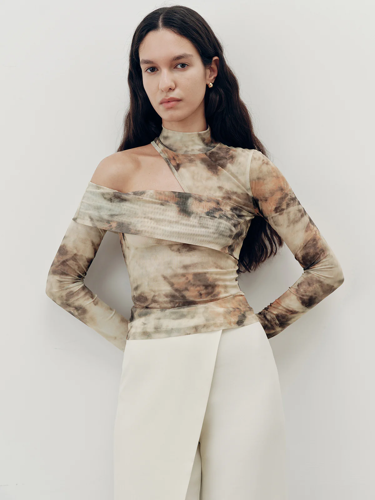 Tie-Dye Mesh One-Shoulder Long Sleeve Top - Image 3