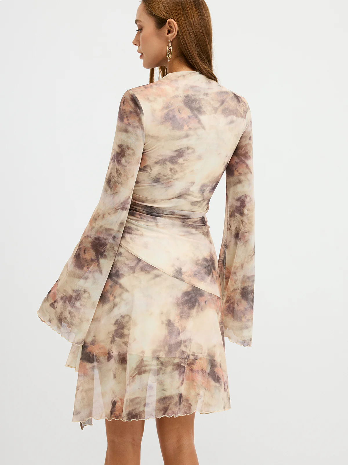 Tie-Dye Print Flared Sleeve Ruched Mini Dress - Image 6