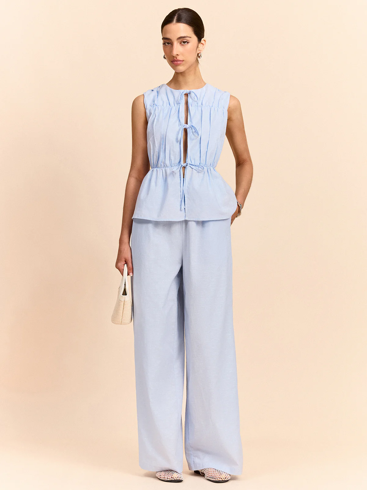 Tie-Front Linen & Cotton Pants Set - Image 2