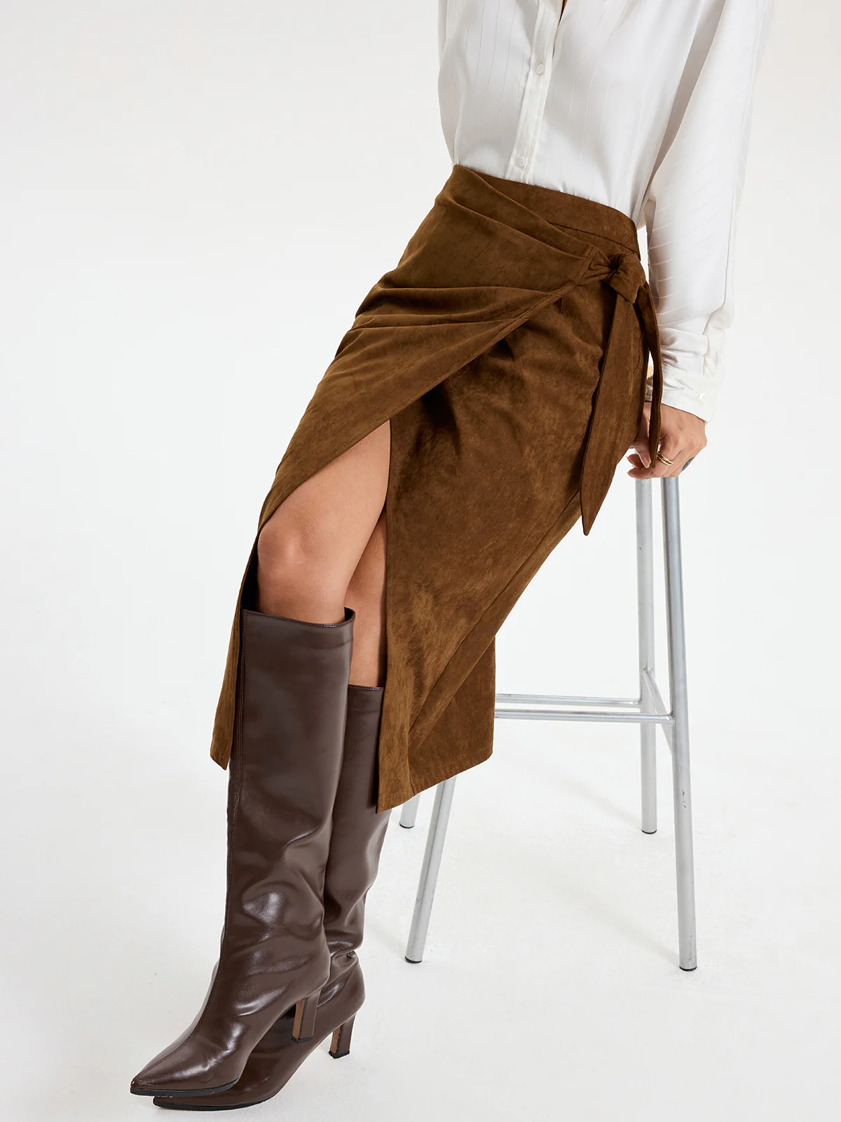 Tie Knot Suede Effect Midi Skirt