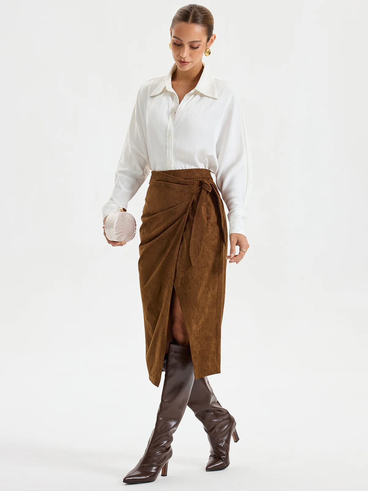 Tie Knot Suede Effect Midi Skirt - Image 2