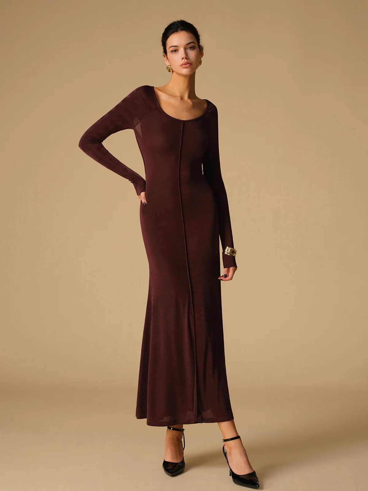 Tie Neck Backless Jersey Long Dress - Image 3