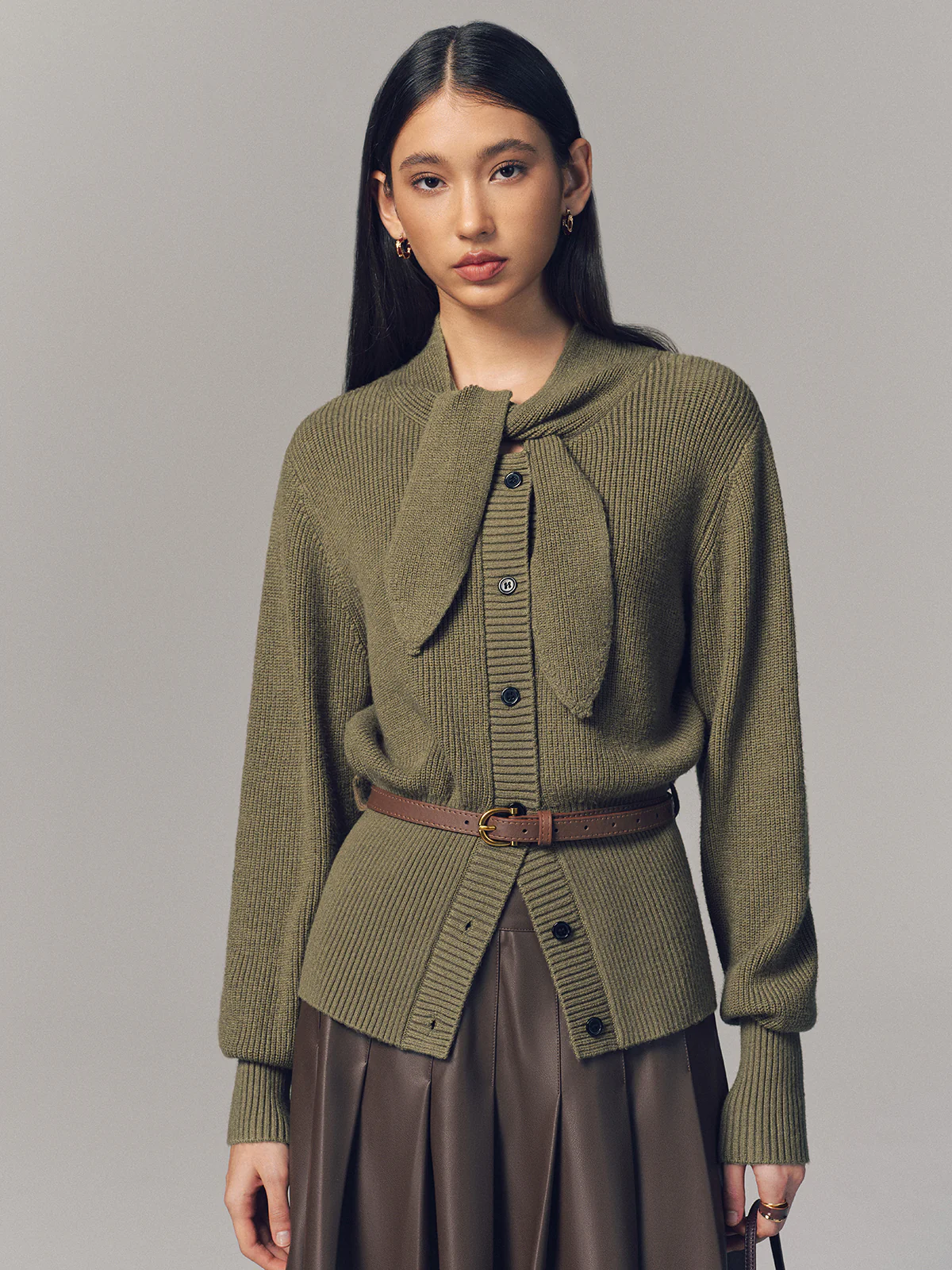 Tie Neck Belted Knit Cardigan - Image 2