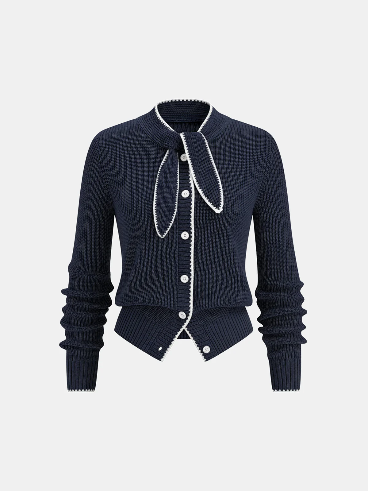Tie Neck Contrast Trim Wool Blend Cardigan - Image 6