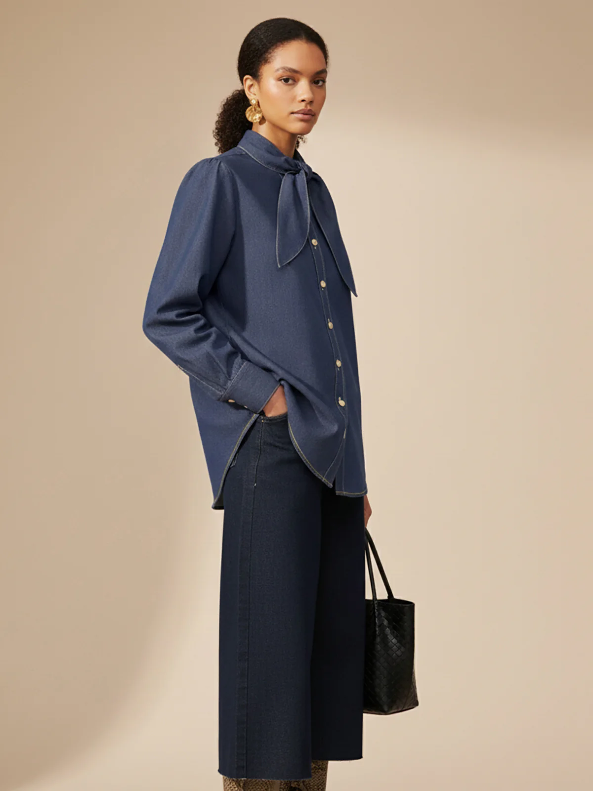 Tie-Neck Denim Blouse - Image 2