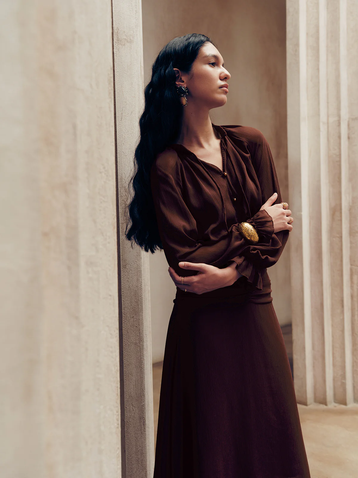 Tie-Neck Ruched Chiffon Maxi Dress - Image 5