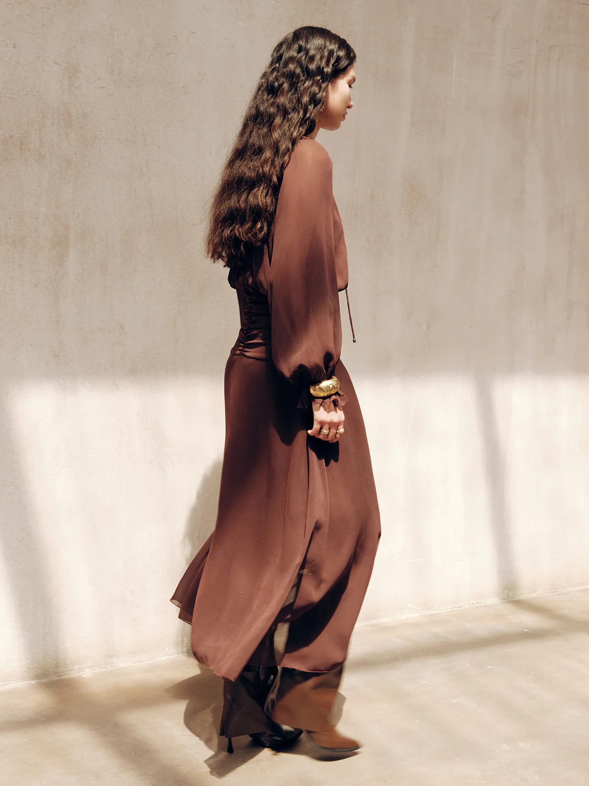 Tie-Neck Ruched Chiffon Maxi Dress - Image 6