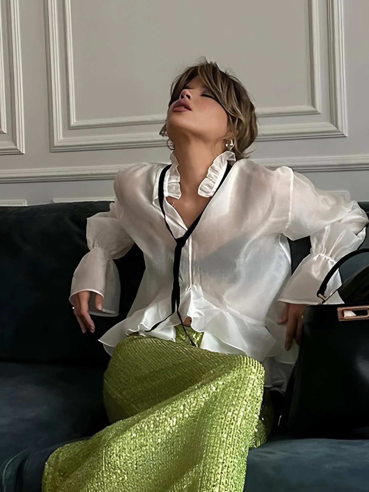 Semi-Sheer Tie-Neck Ruffle Shirt - Image 3