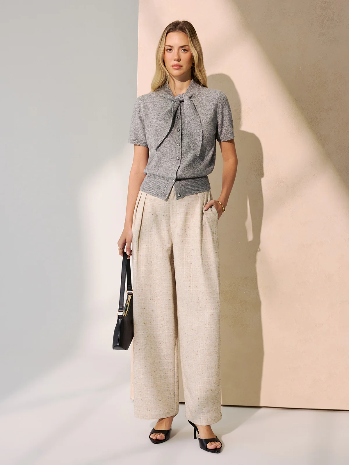 Tie-Neck Wool-Blend Short-Sleeve Cardigan - Image 2