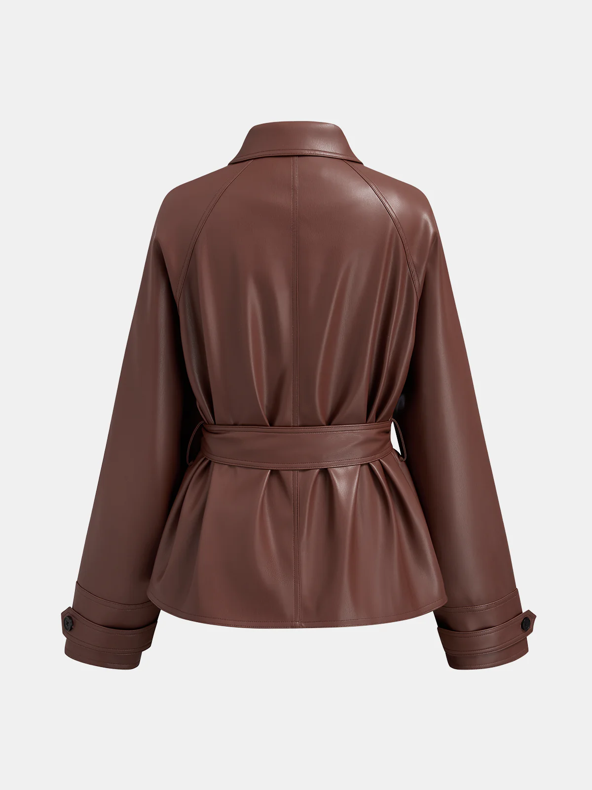 Tie Waist Collared Faux Leather Jacket - Image 2