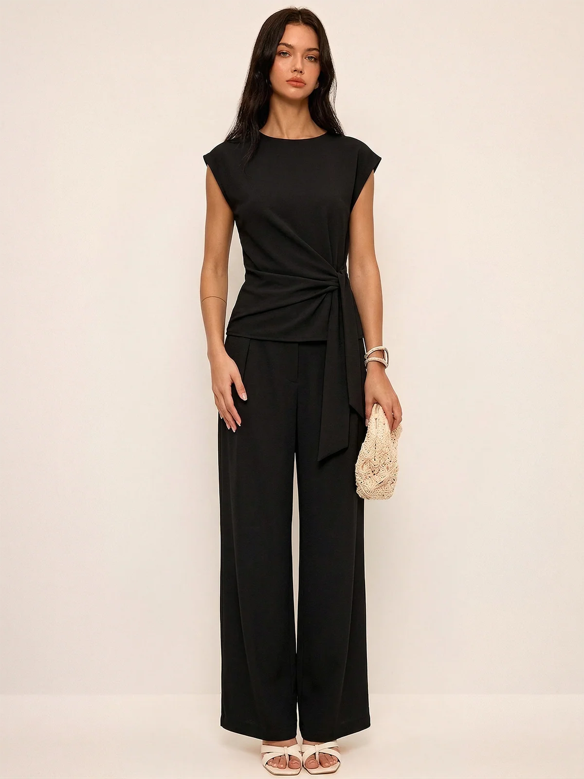 Tie Waist Sleeveless Top & Wide Leg Pants Set - Image 9