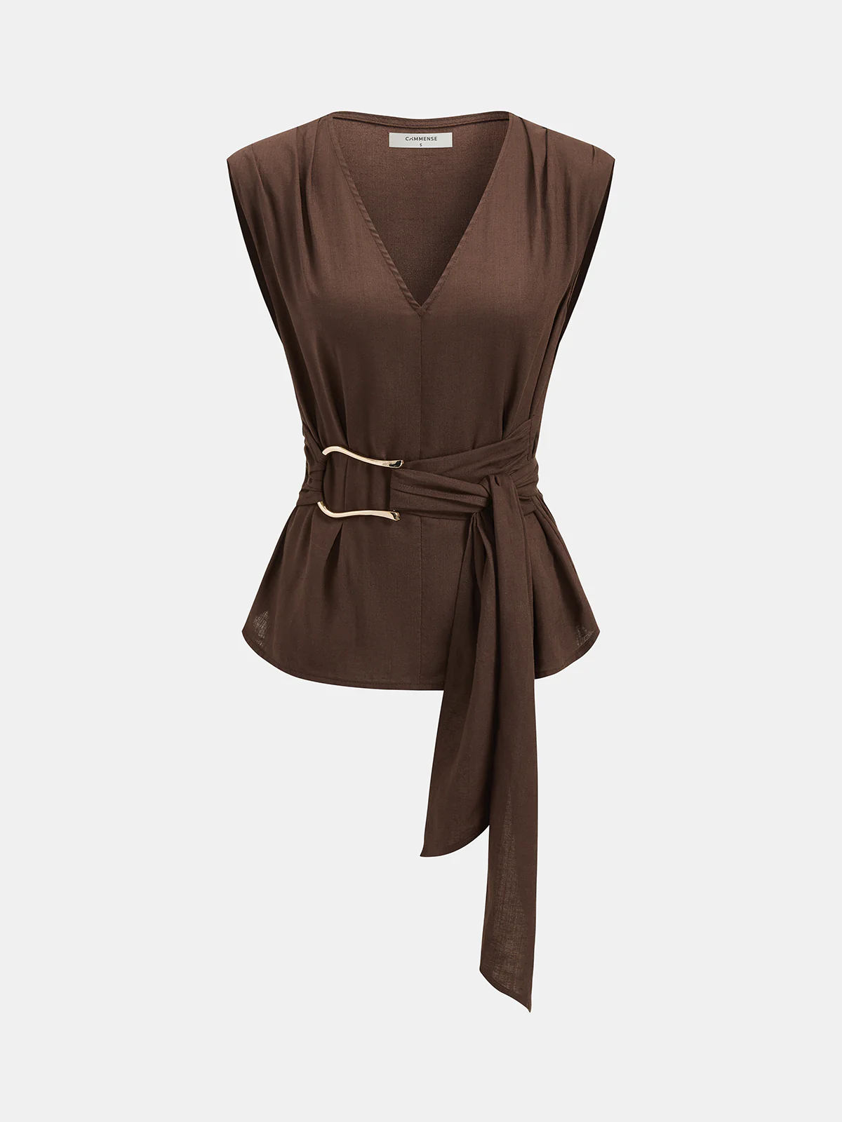 Tie-Waist V-Neck Linen Blend Sleeveless Blouse - Image 2