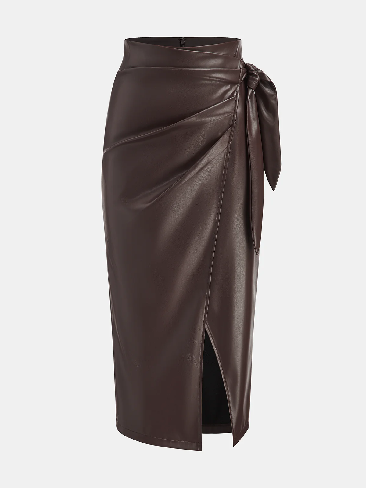 Tie-Wrap Faux Leather Skirt with Side Slit