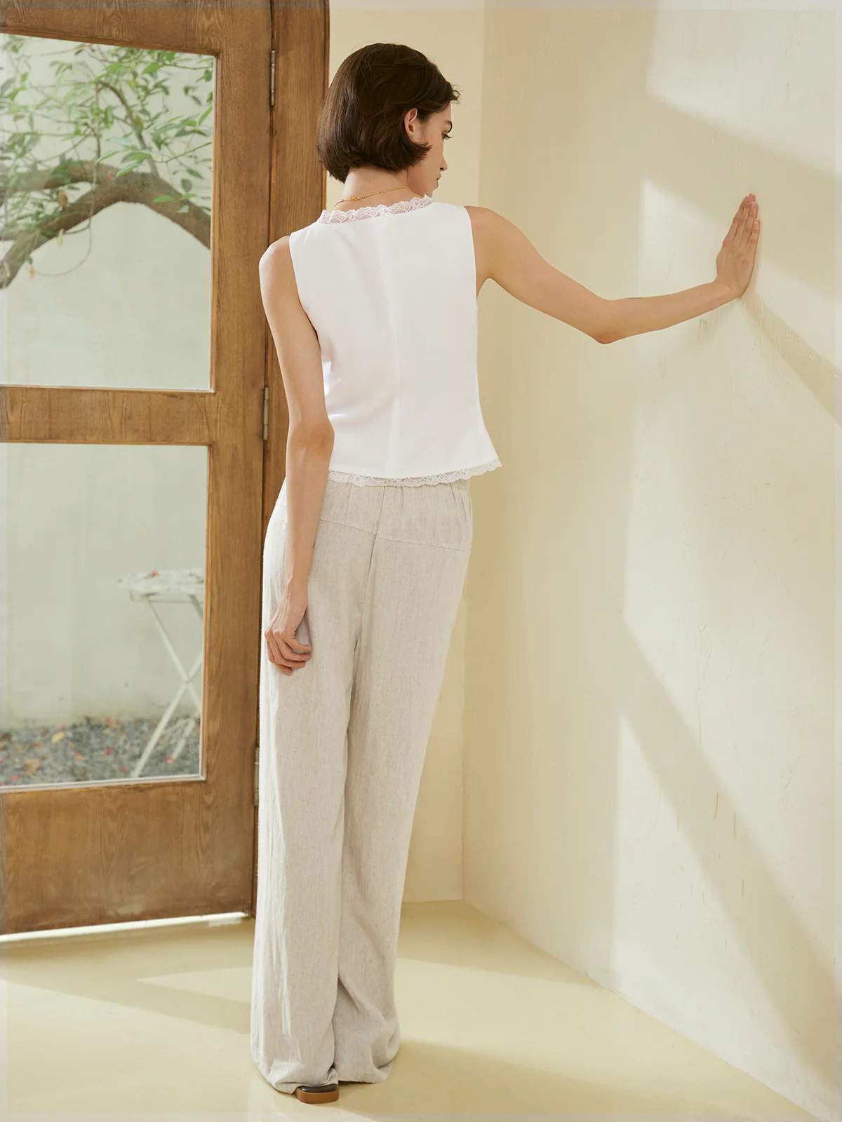 Fly Away Tied Lace Trim Linen Tank Top - Image 4