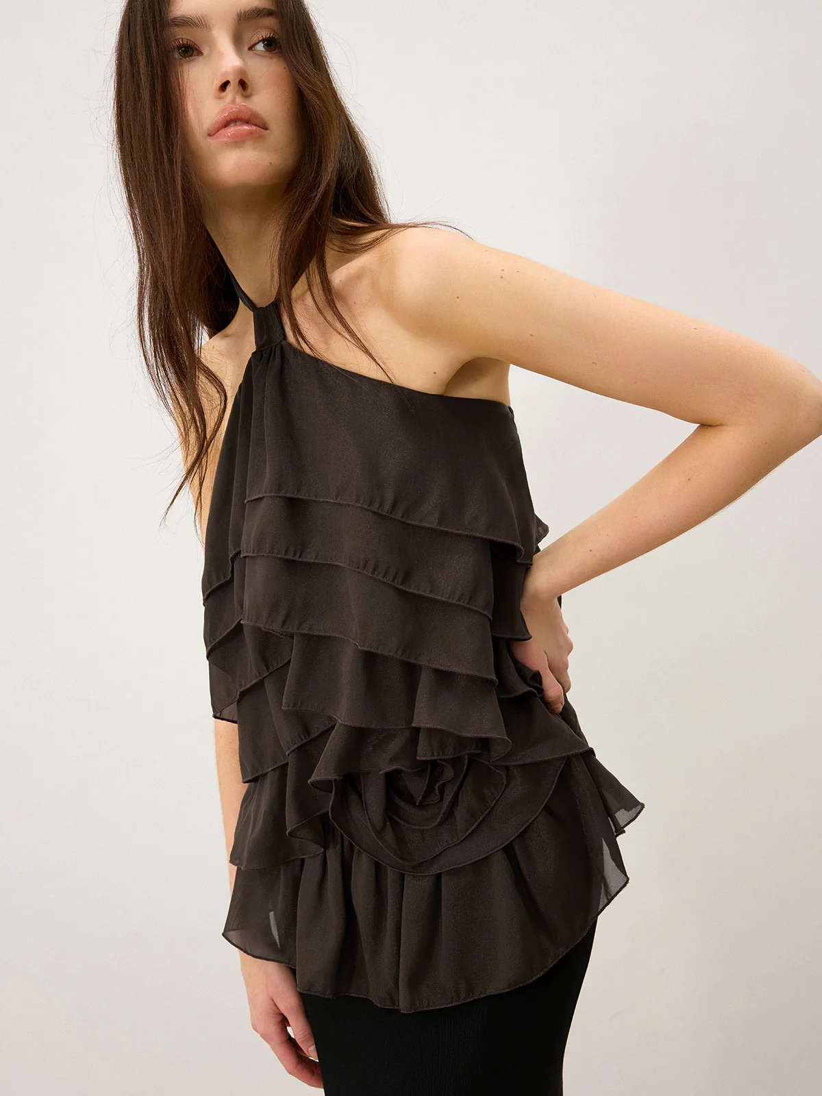 Tiered Ruffle Chiffon Halter Top with 3D Flower - Image 6