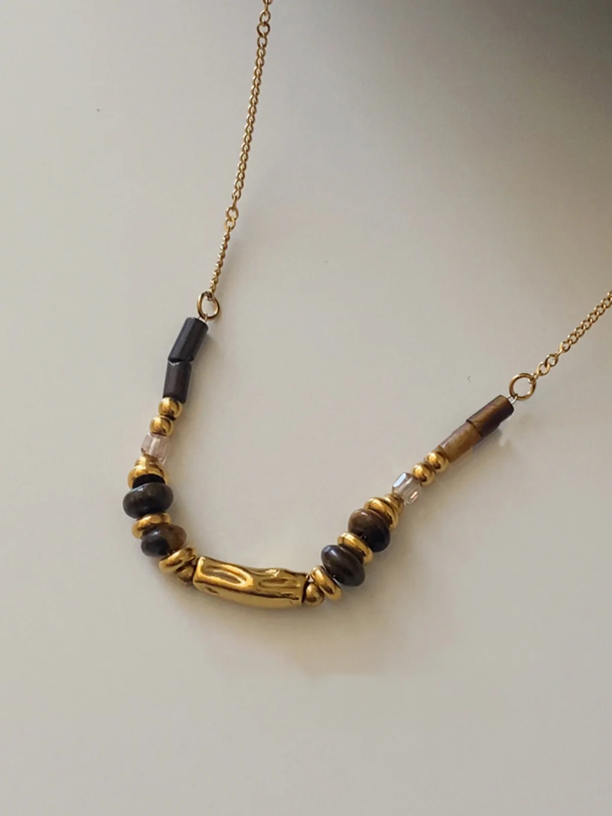 Tiger Eye Stone Beaded Necklace with Gold Chain - Image 4
