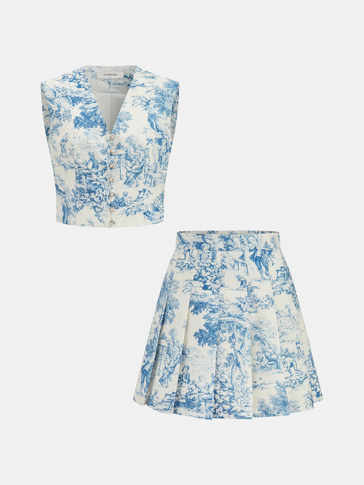 Toile Print Vest & Pleated Skirt Set - Image 2