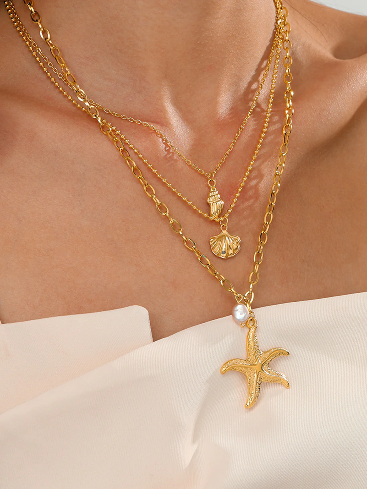 Triple Layers Pearl Starfish Necklace - Image 2