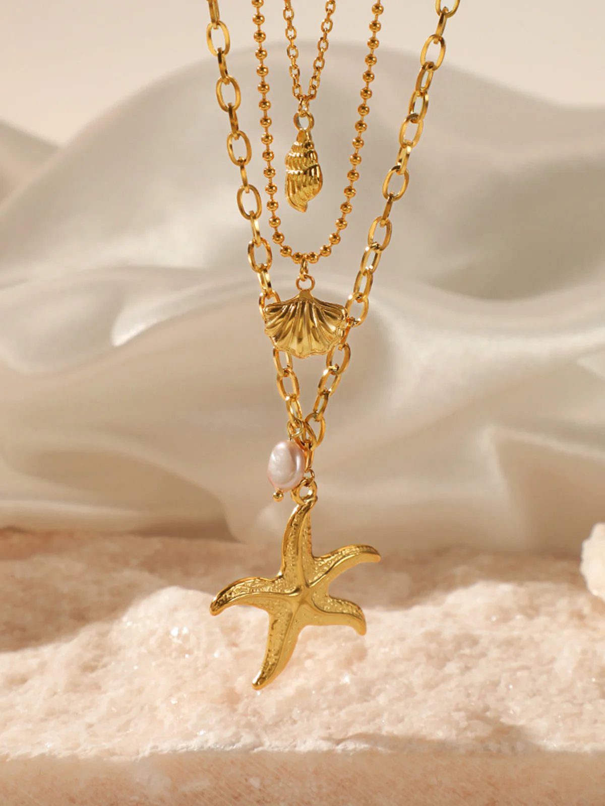 Triple Layers Pearl Starfish Necklace - Image 3