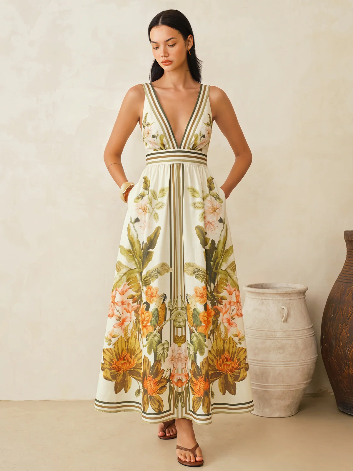 Tropical Floral Print Deep V-Neck Maxi Dress