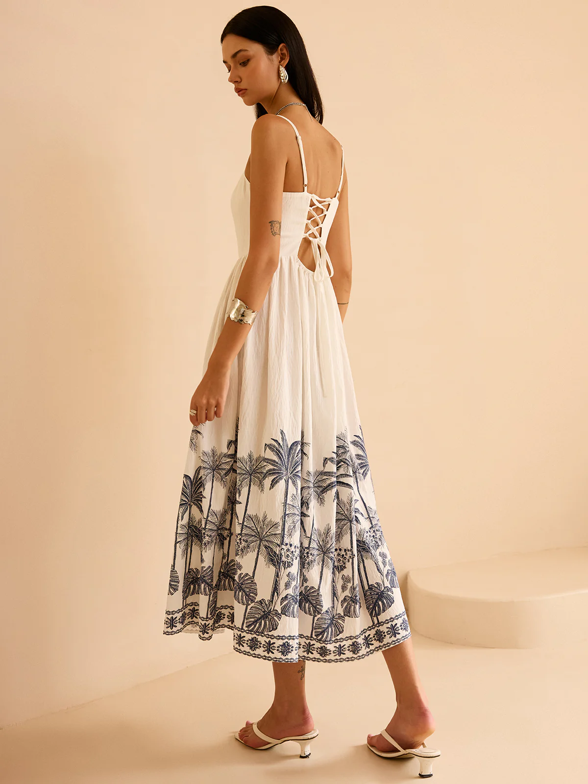 Semi-Sheer Tropical Palm Print Tie-Back Maxi Dress - Image 3
