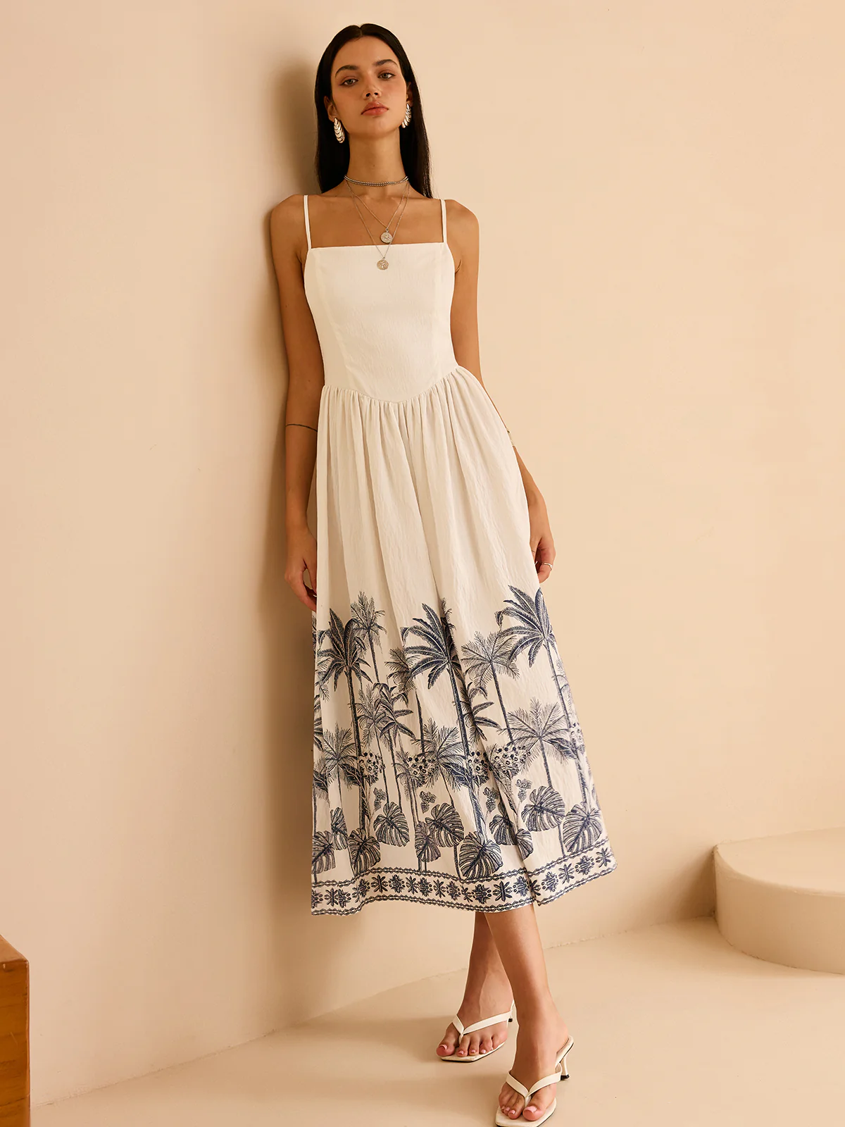 Semi-Sheer Tropical Palm Print Tie-Back Maxi Dress - Image 4