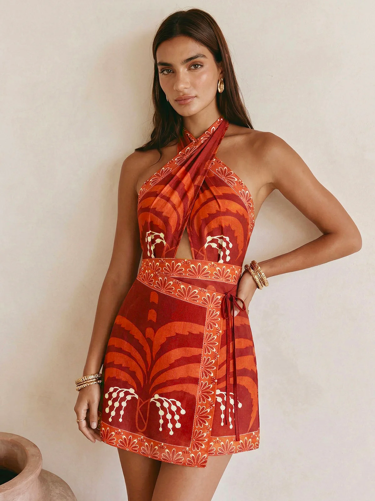 Tropical Print Halter Wrap Mini Dress - Image 3