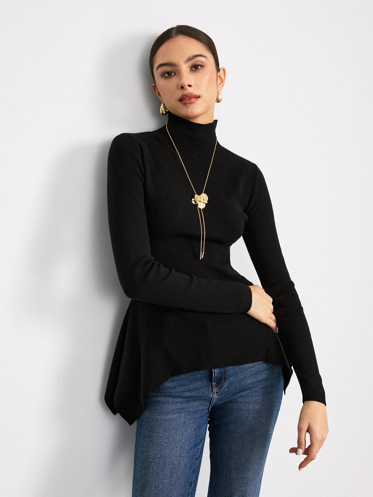 Turtleneck Asymmetric Peplum Sweater - Image 5