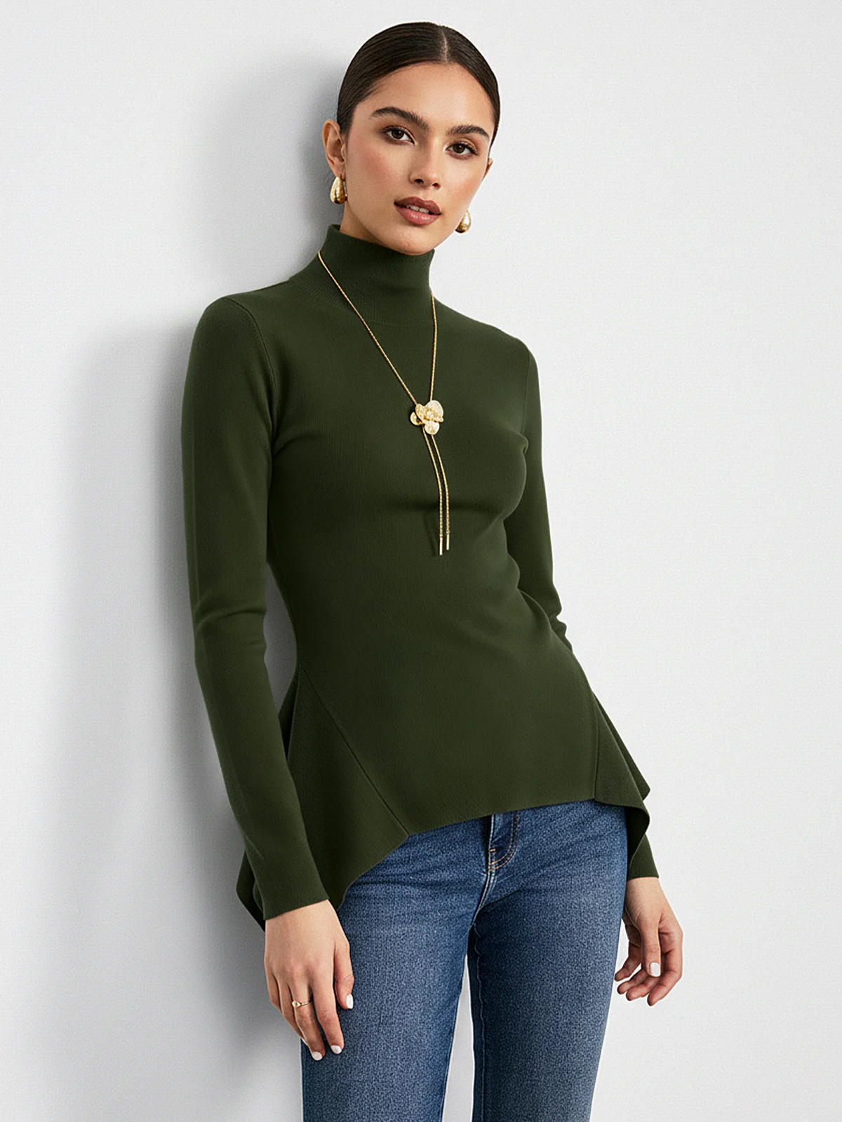 Turtleneck Asymmetric Peplum Sweater - Image 7