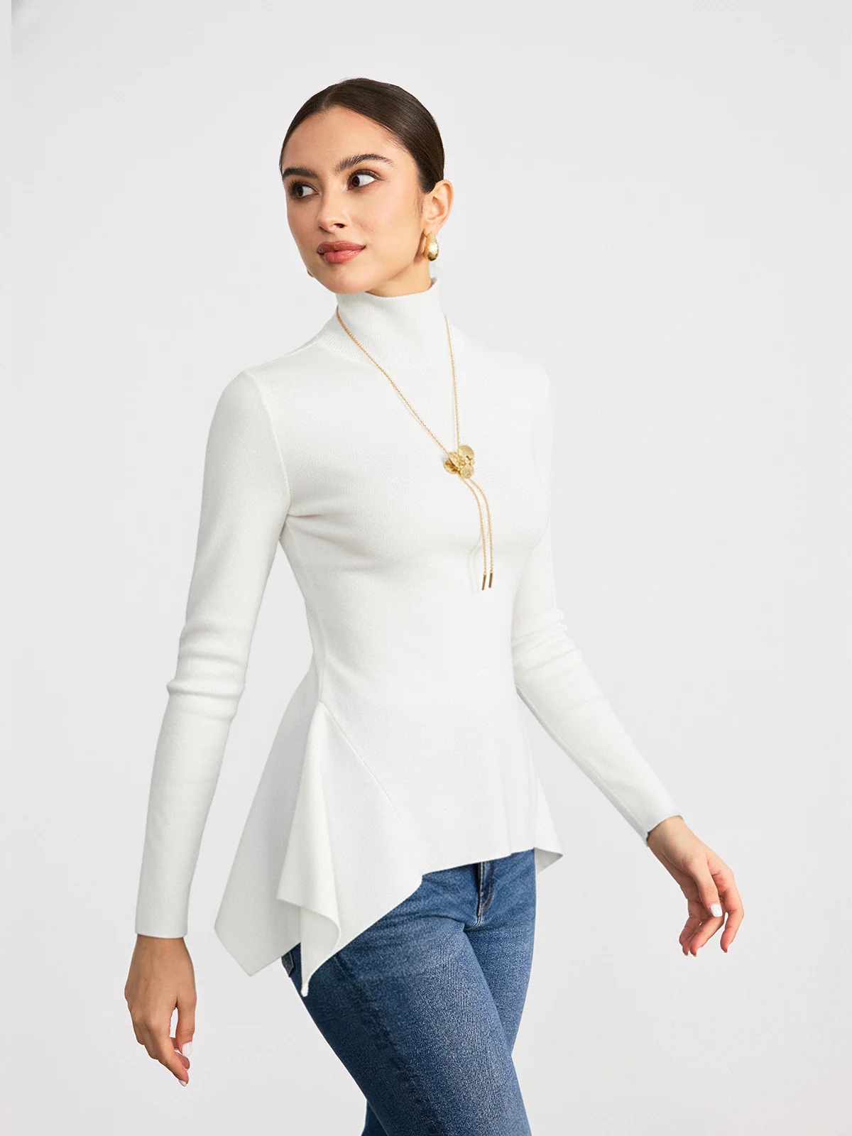 Turtleneck Asymmetric Peplum Sweater - Image 8