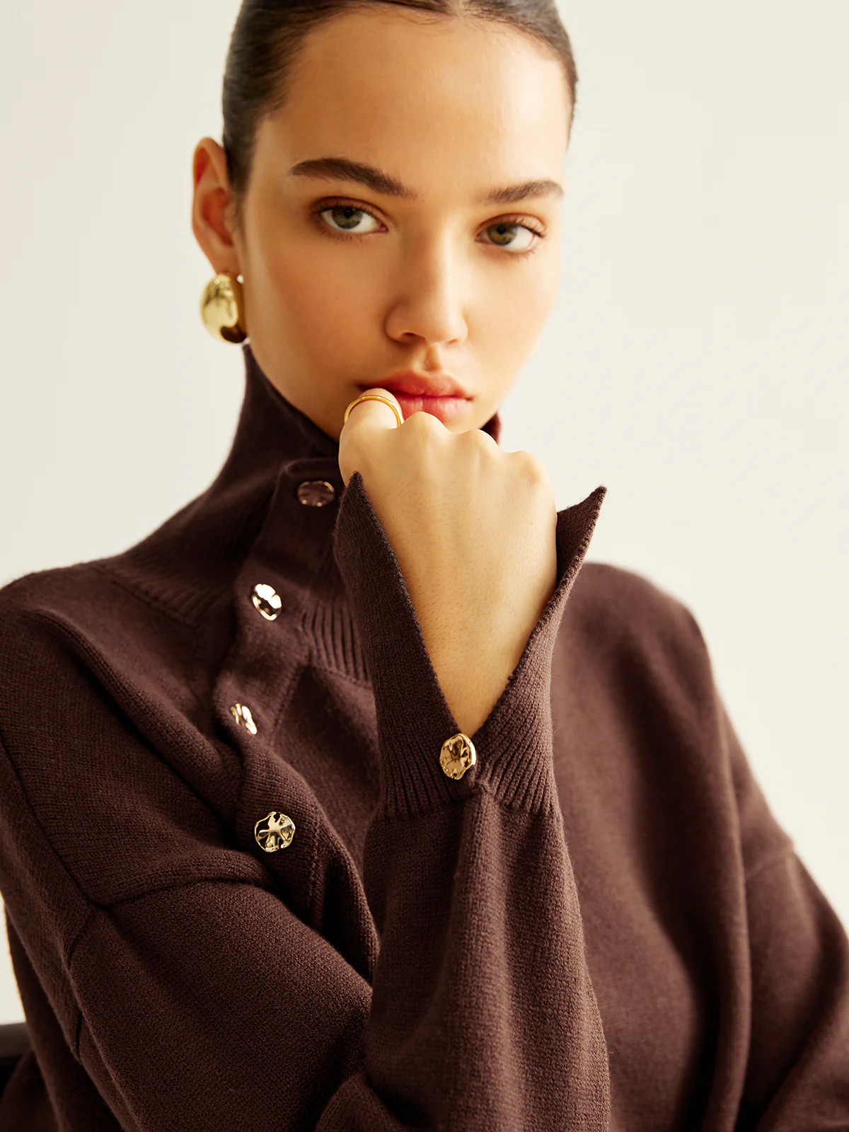 Turtleneck Asymmetrical Button Sweater - Image 3