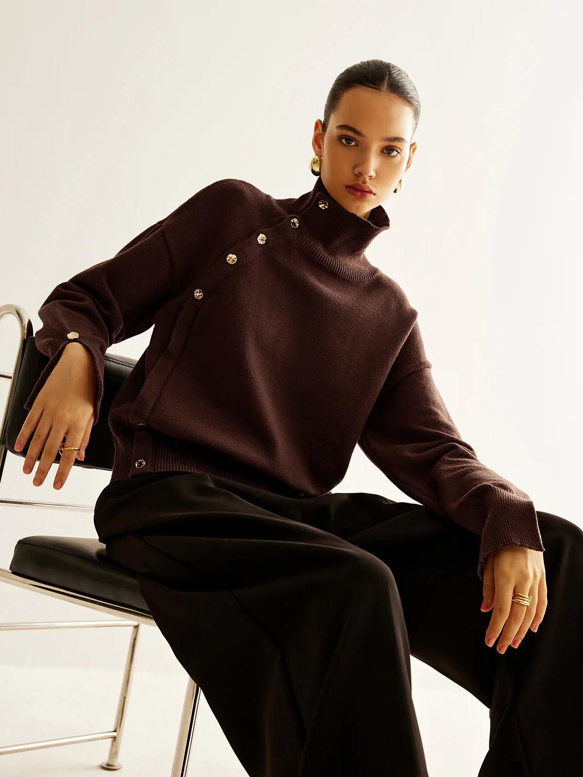 Turtleneck Asymmetrical Button Sweater - Image 4