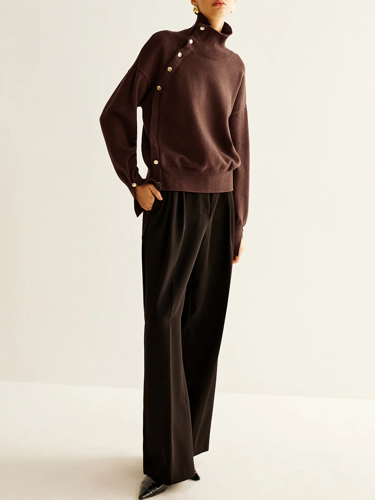 Turtleneck Asymmetrical Button Sweater - Image 5