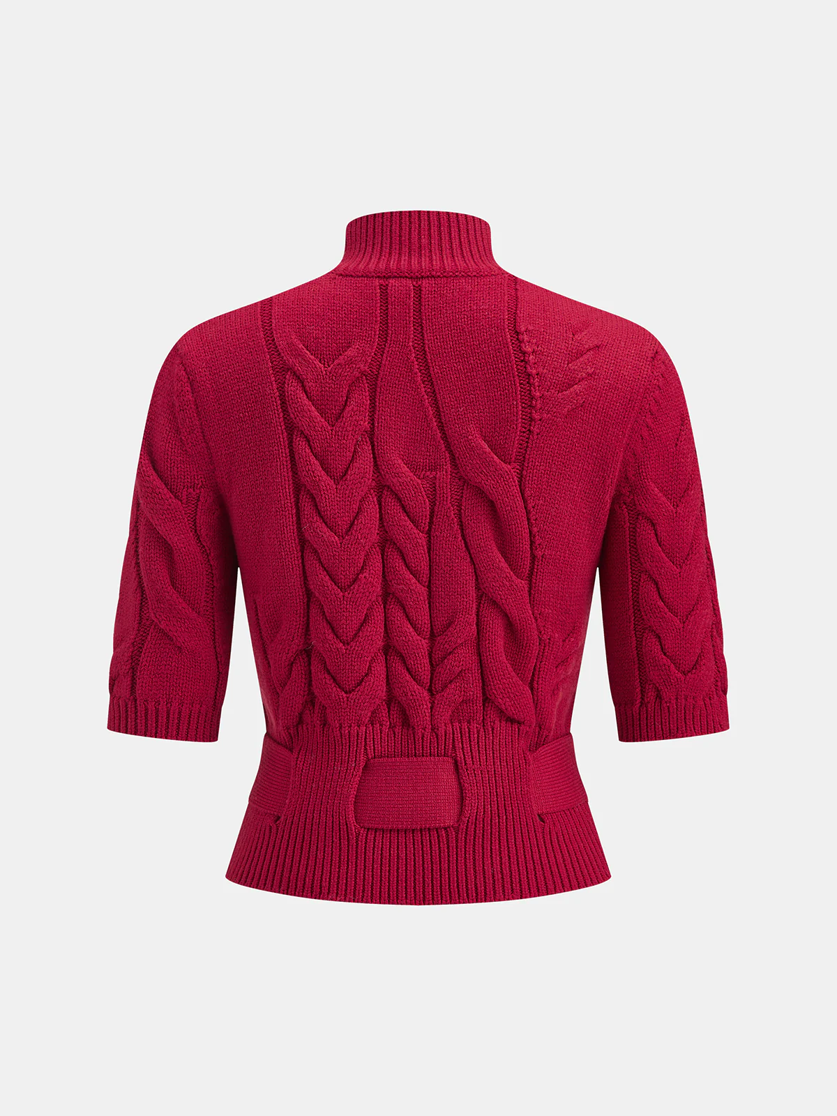 Turtleneck Cable Knit Short Sleeve Belted Sweater - Image 2
