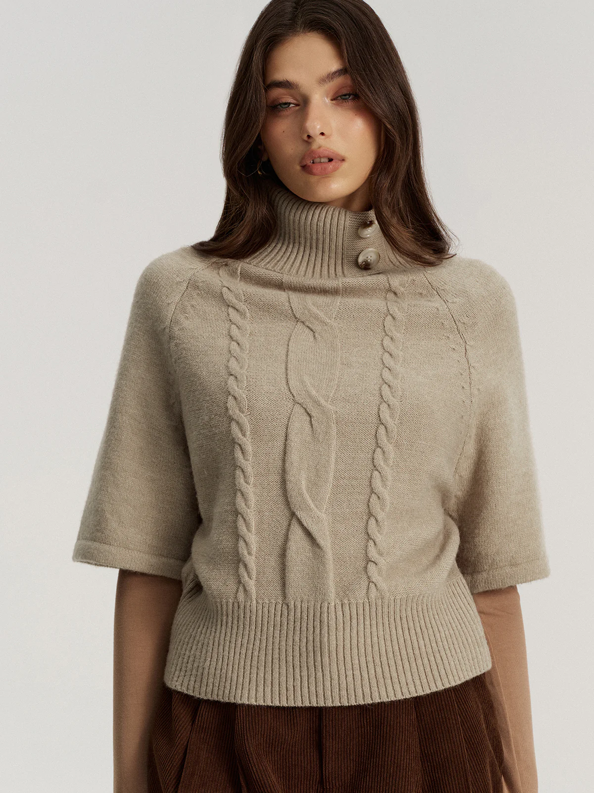 Turtleneck Cable Knit Short Sleeve Sweater without Belt - Image 3