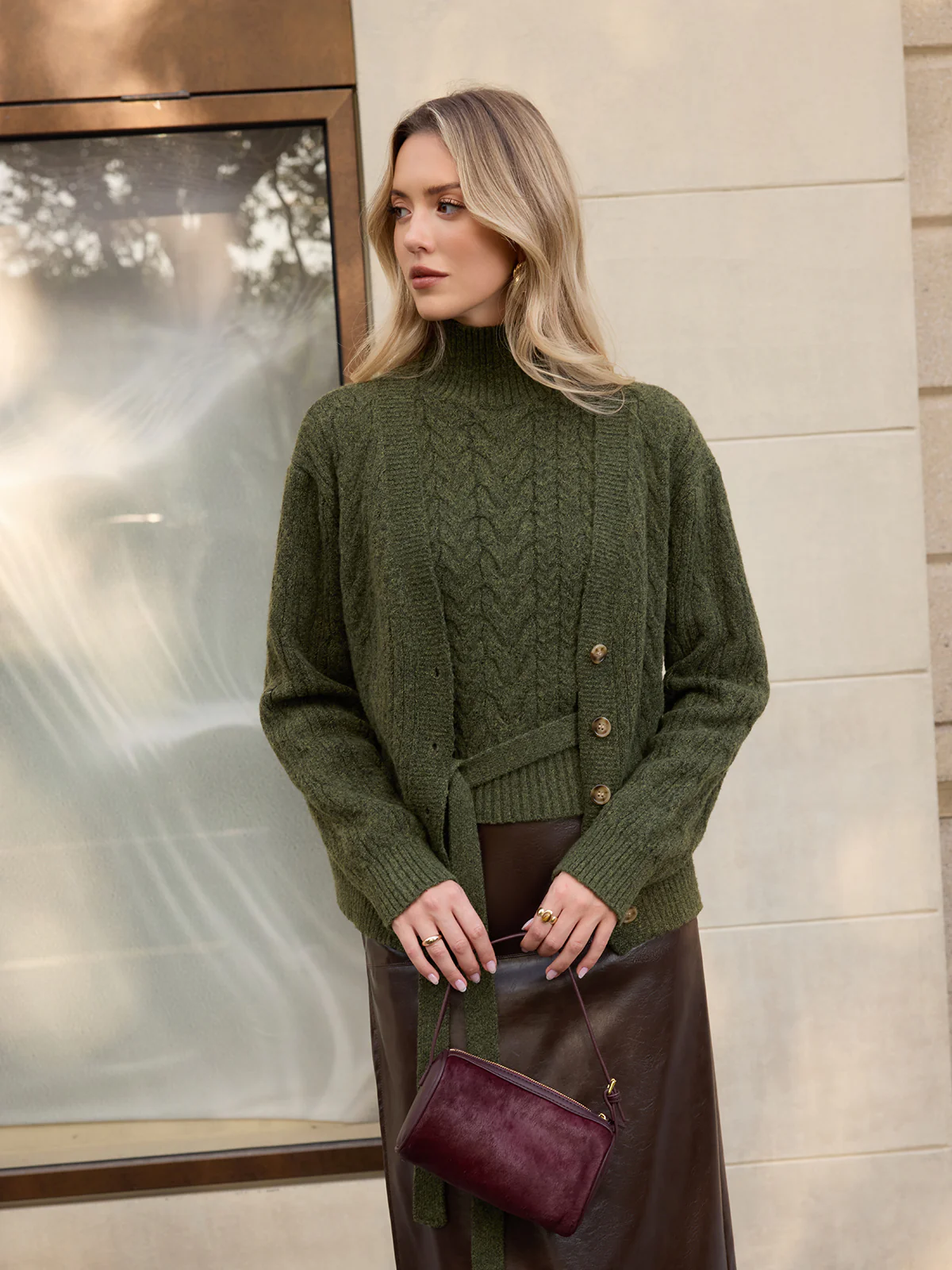Turtleneck Cable Knit Top & Cardigan Two-Piece Set - Image 4