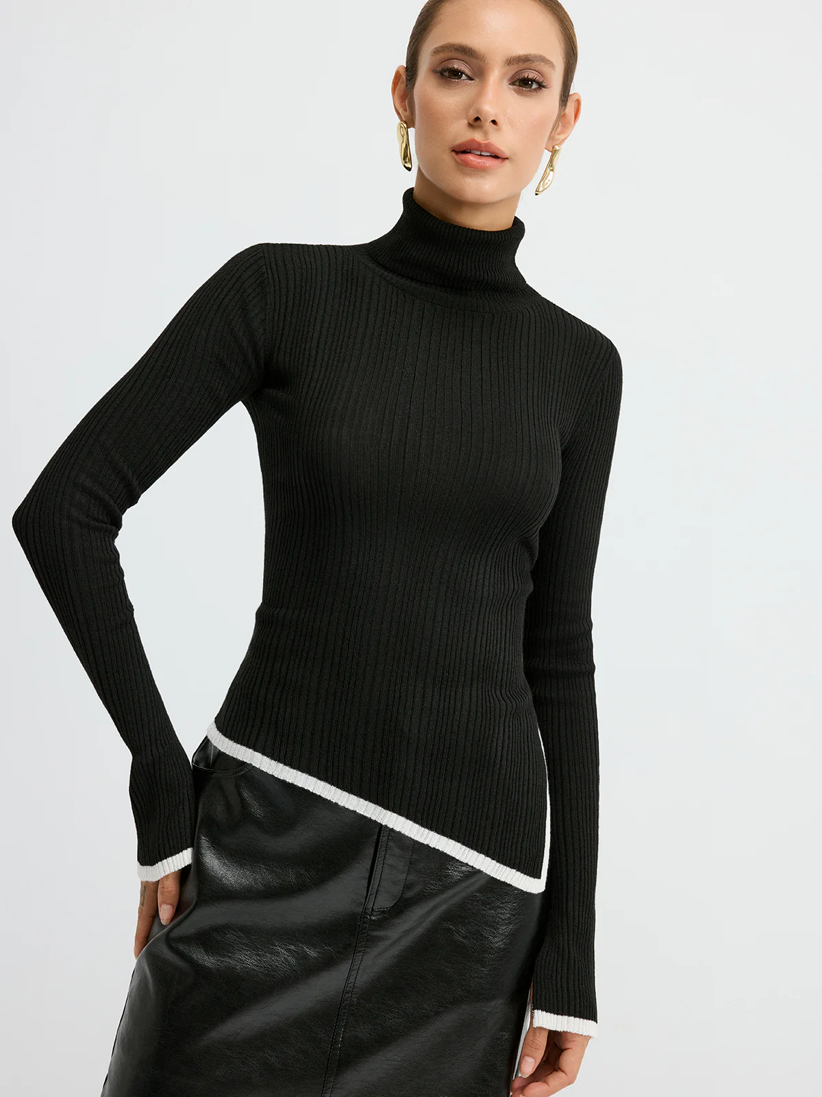 Turtleneck Contrast Trim Slit Wool Blend Knit Top - Image 2