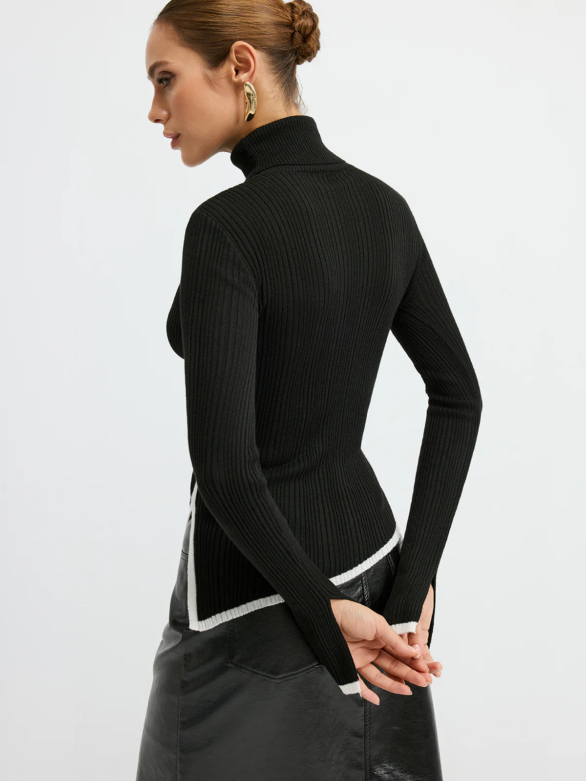 Turtleneck Contrast Trim Slit Wool Blend Knit Top - Image 4