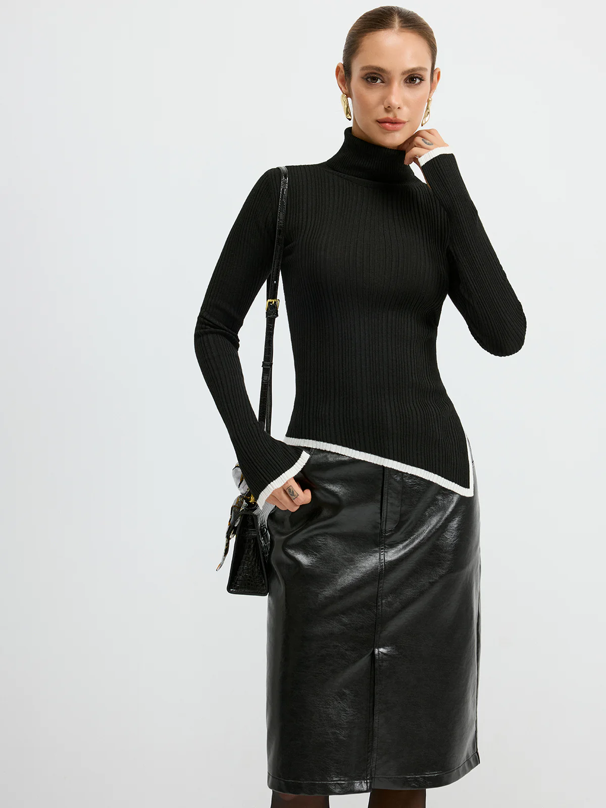 Turtleneck Contrast Trim Slit Wool Blend Knit Top - Image 5