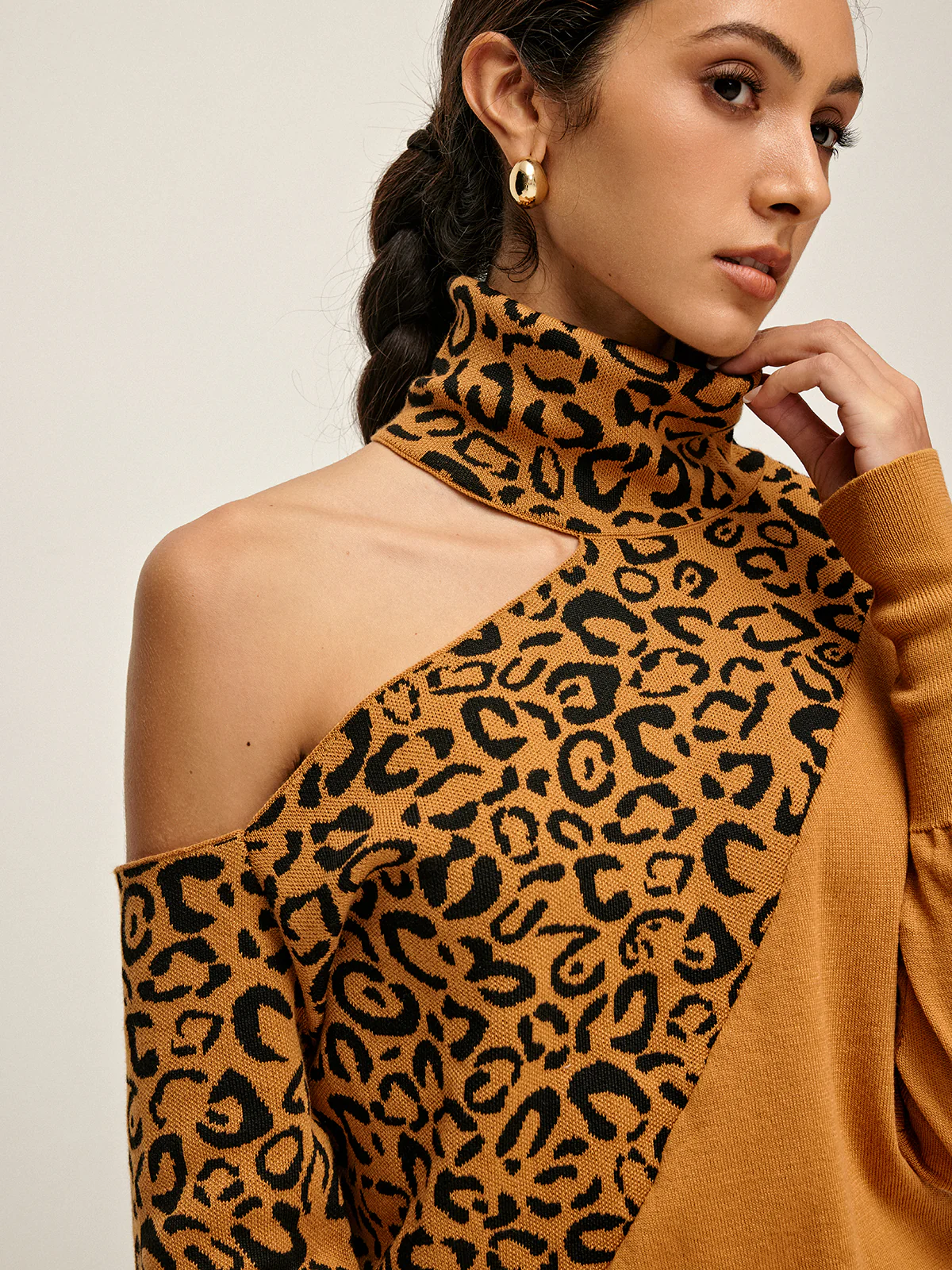 Turtleneck Cutout Leopard Patchwork Knit Top - Image 3