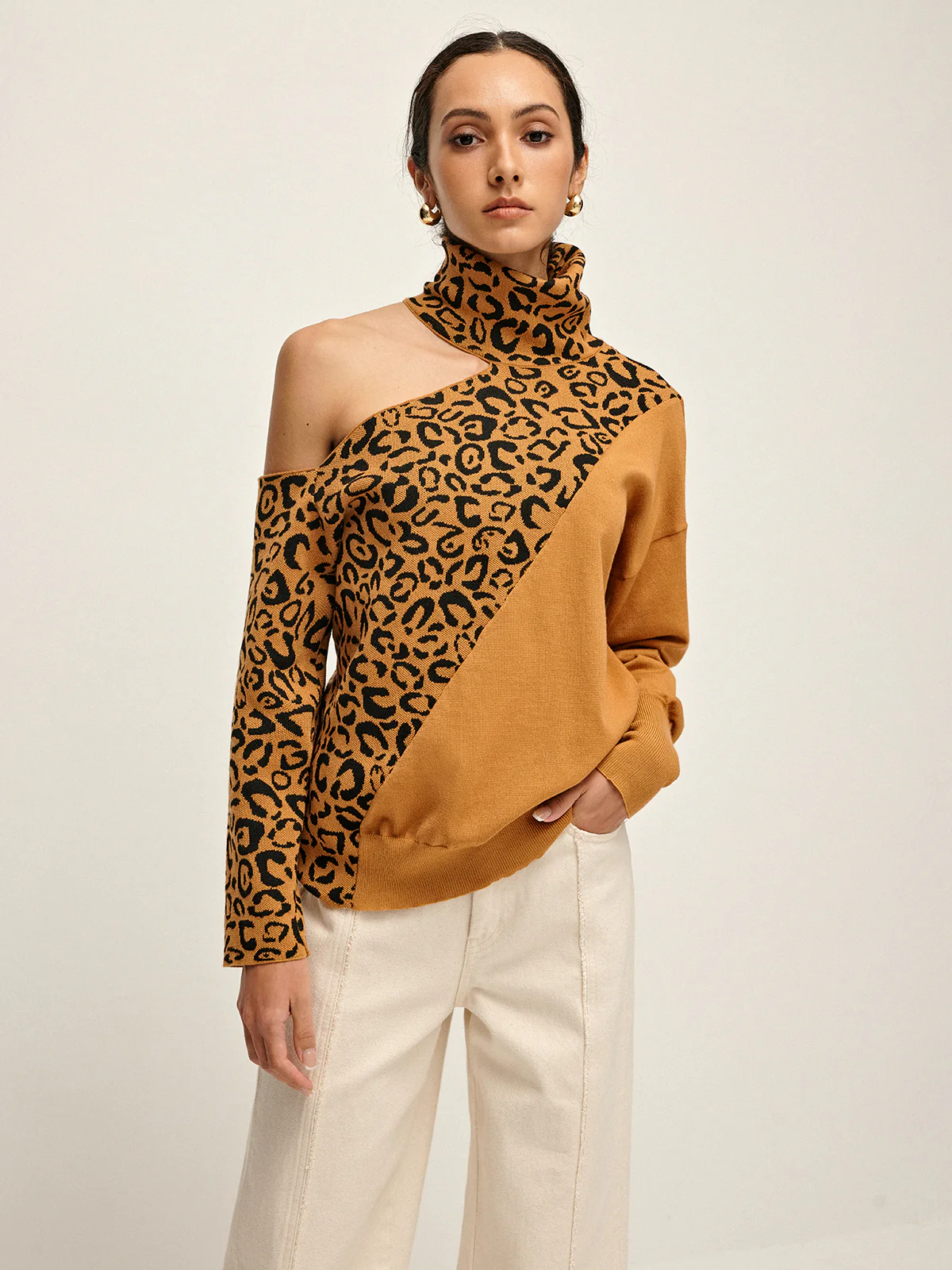 Turtleneck Cutout Leopard Patchwork Knit Top - Image 4