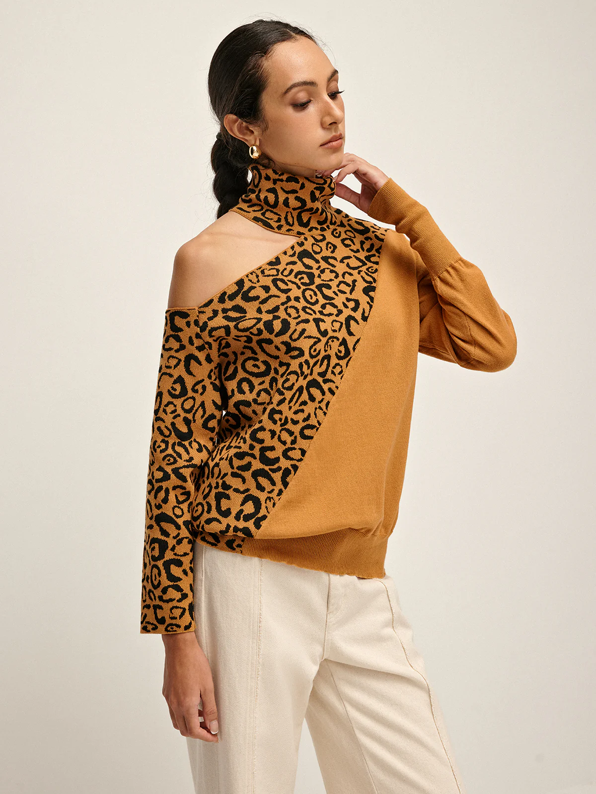 Turtleneck Cutout Leopard Patchwork Knit Top - Image 5