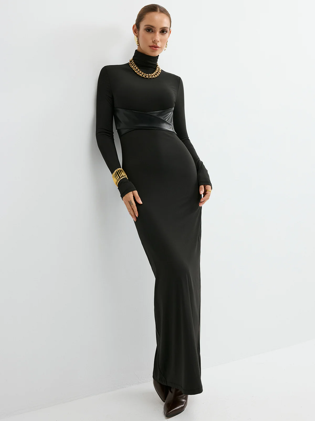 Turtleneck Faux Leather Paneled Maxi Dress - Image 2